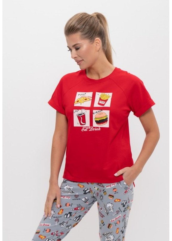 Женская трикотажная пижама с брюками 1123 серый+красный, Cleo (Россия)