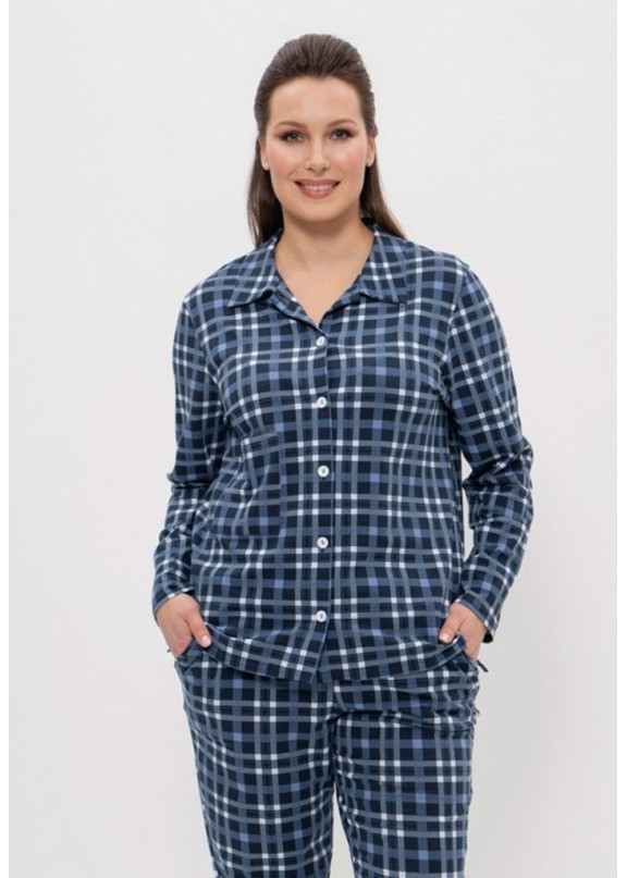 Женская хлопковая пижама с брюками 1124 синий+белая клетка, Cleo (Россия)