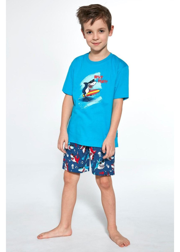 Детская хлопковая пижама с шортами 789/790 Shark т.синий+бирюзовый, Cornette (Польша)