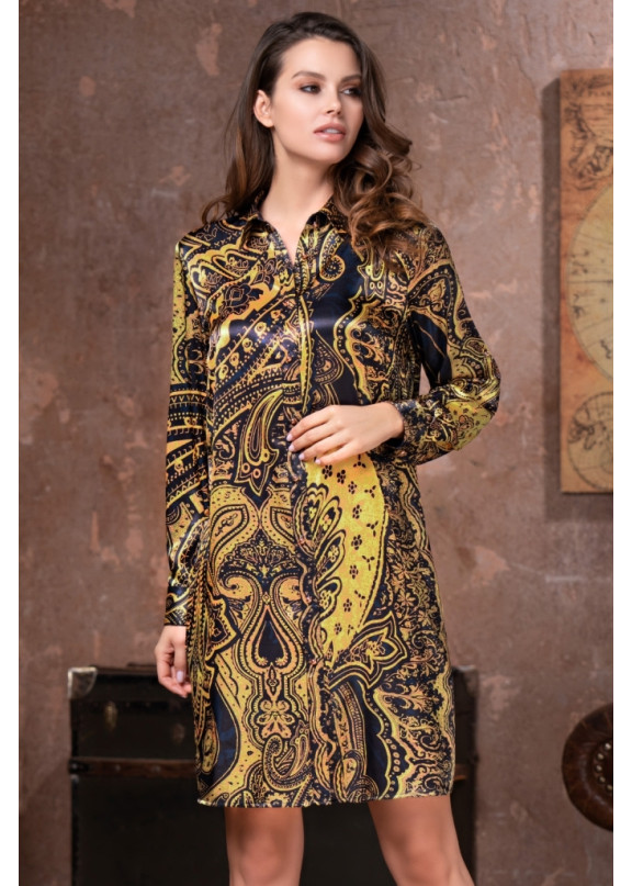 Женский шелковый халат-рубашка 3497 "Armani Gold" темно-синий,Mia-Amore,Италия