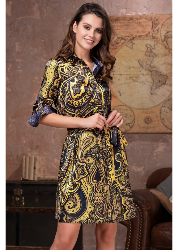 Женский шелковый халат-рубашка 3497 "Armani Gold" темно-синий,Mia-Amore,Италия